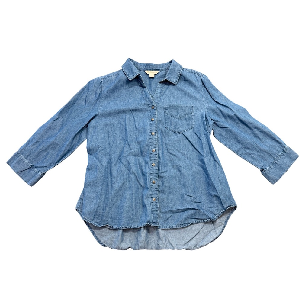 Khakis & Co Denim Shirt Women Petite PL Blue Button Up Chambray High Low Blouse